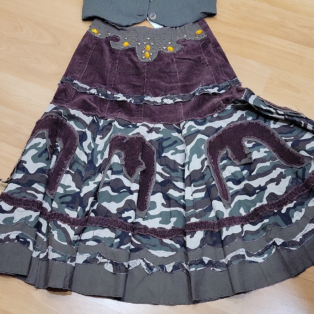 Bohemian Patchwork Camo Midi Skirt in Olive and Brown.
